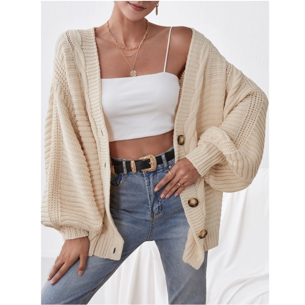 Beige Cable Knit Oversized Cardigan Bishop Sleeves Button Front - Picture 4 of 6